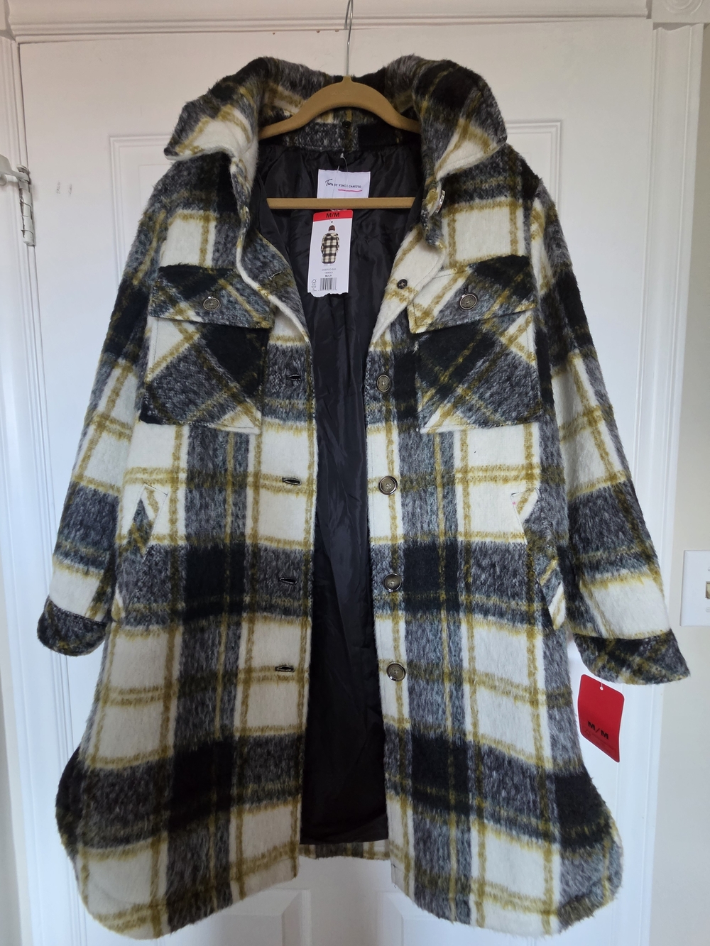 Vince Camuto Black, White & Mustard Plaid Long Shacket Coat